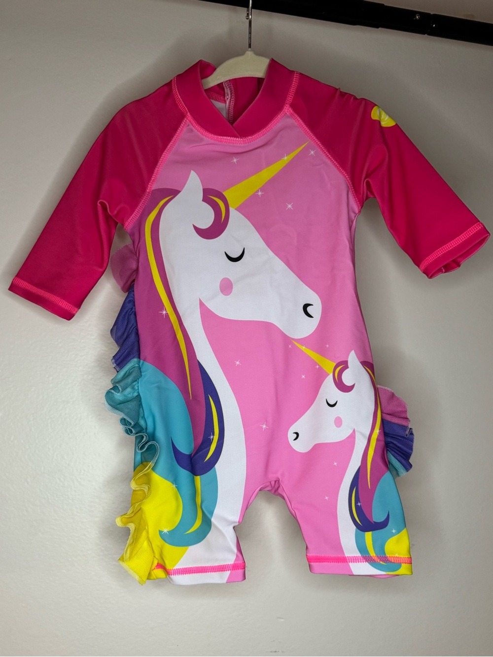 Girls Pink Unicorn One-Piece Long-Sleeve Swimsuit with Hat